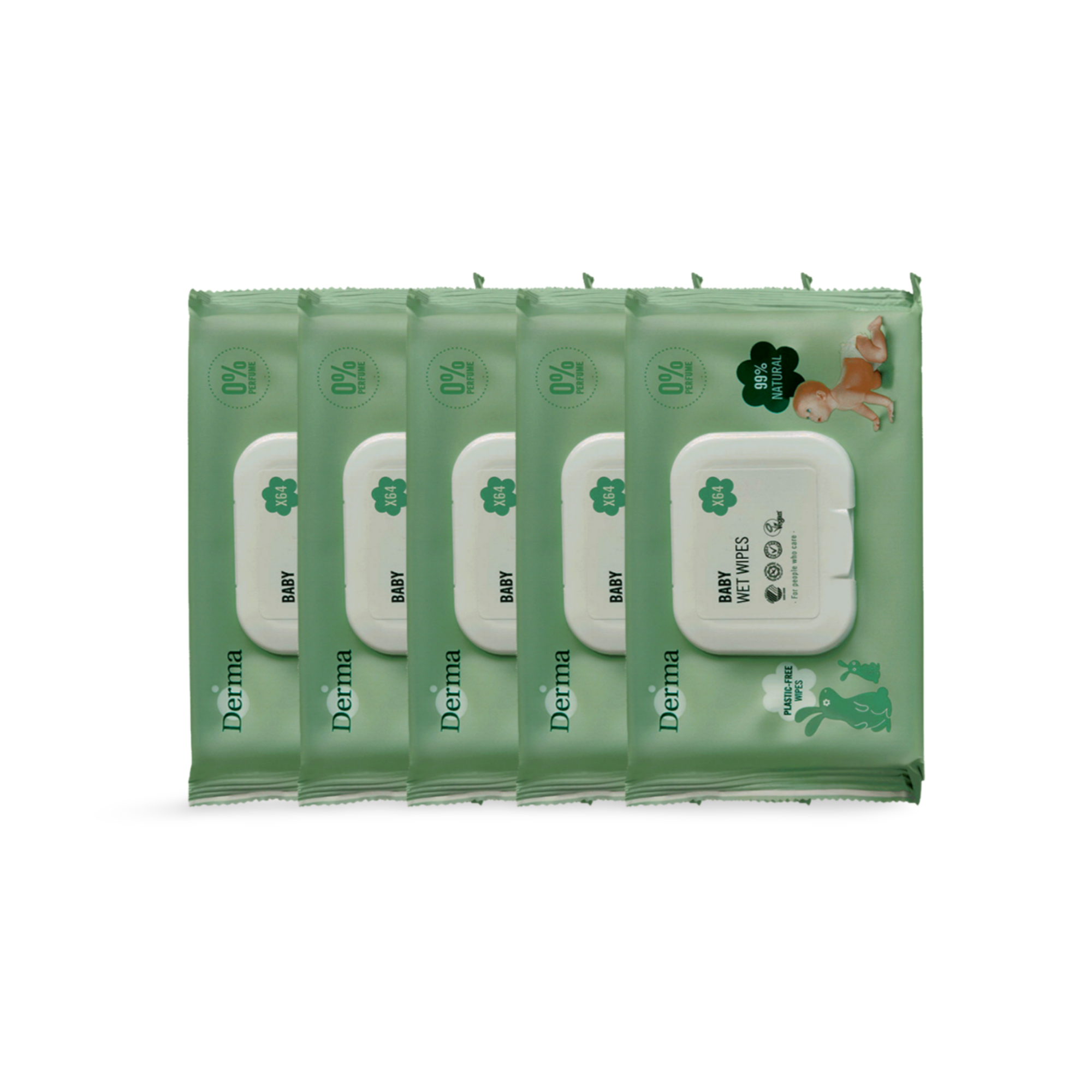 5 x DERMA BABY WET WIPES 0% 64 STK.