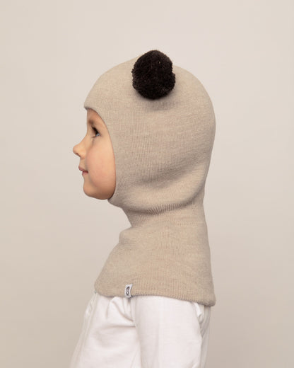Balaklava i merinould med kvaster, beige